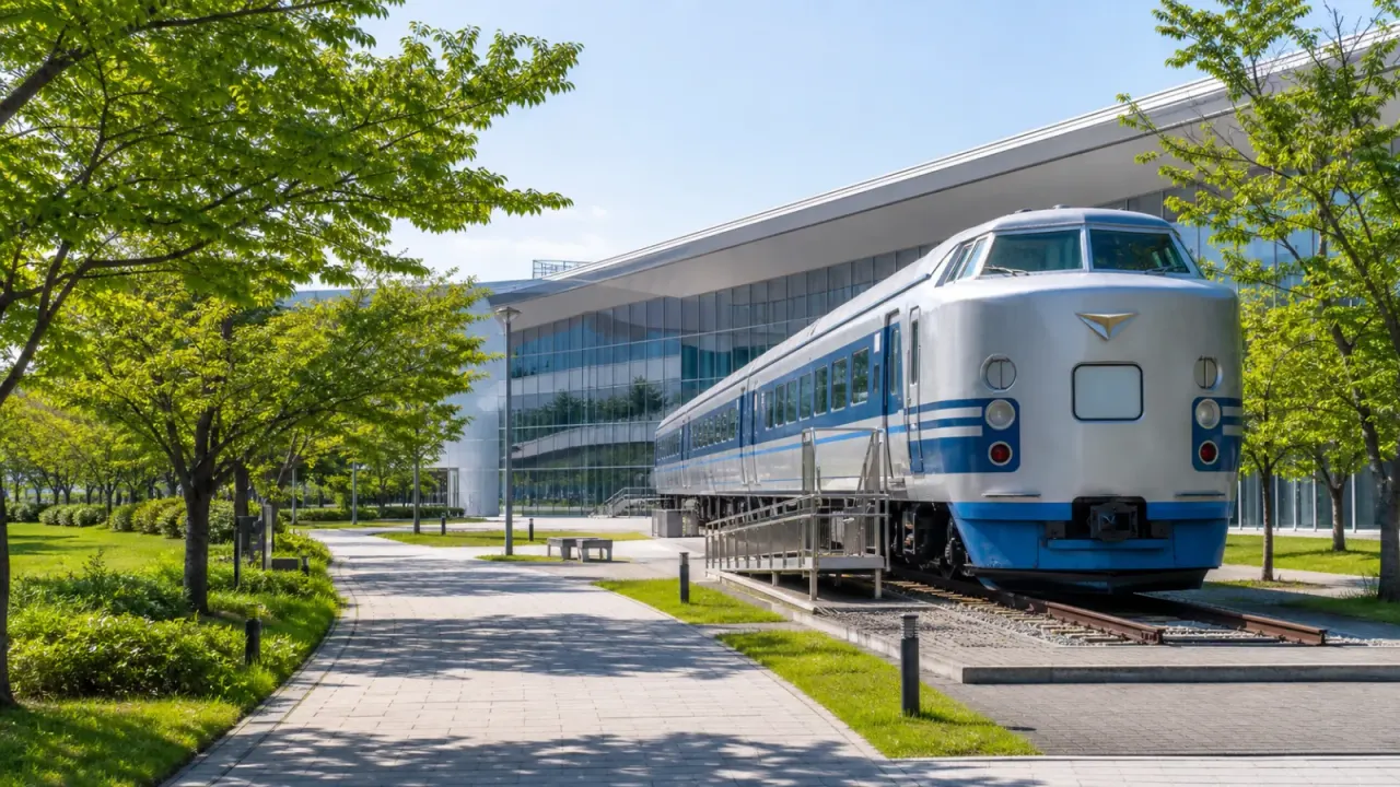 緑のある広場の先に鉄道博物館の展示車両が見える大宮の風景