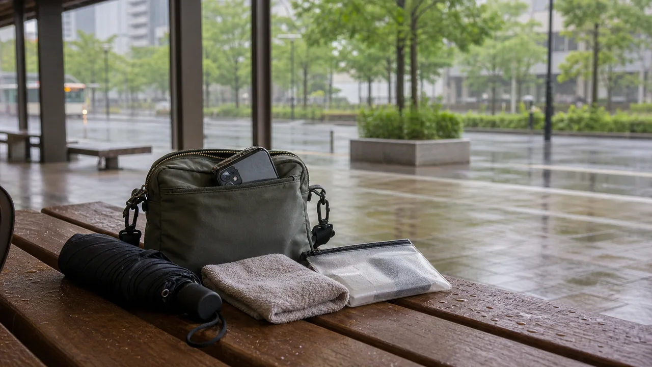 雨の日散歩のためにバッグ、折りたたみ傘、タオルを準備するイメージ