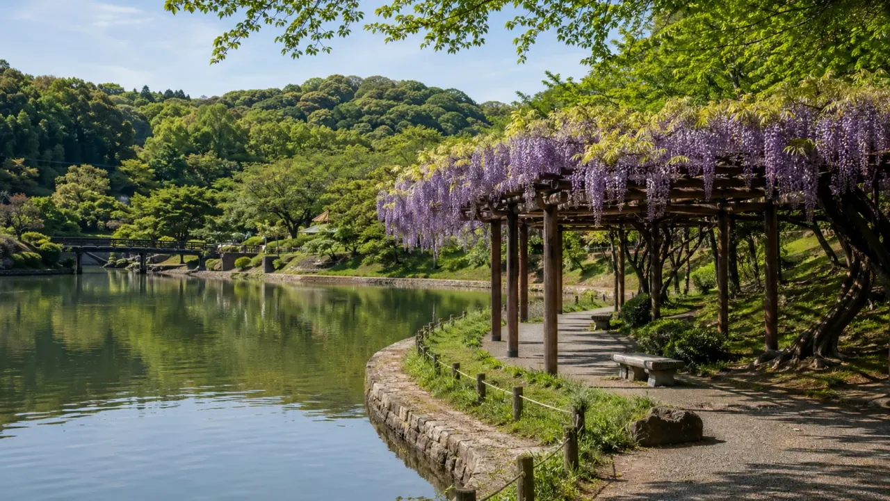 【蓮華寺池公園】池と藤棚をゆっくり回る、藤枝の花と水辺さんぽ