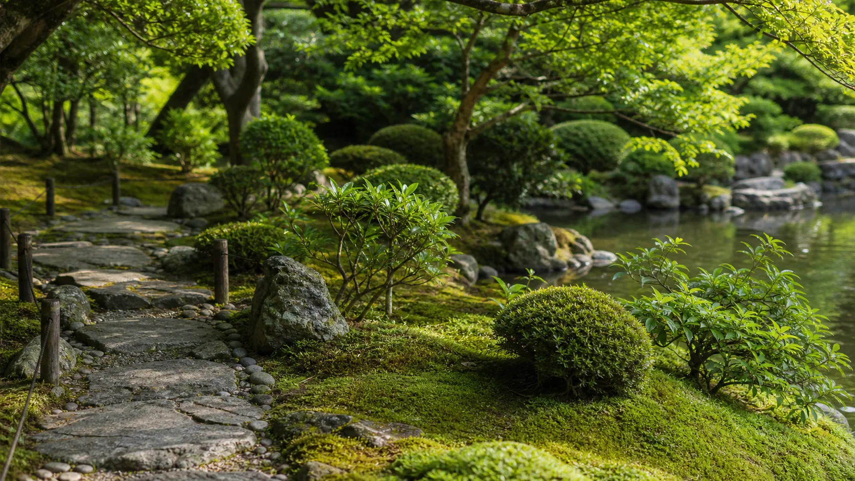 庭園の石畳と植栽の近景のイメージ
