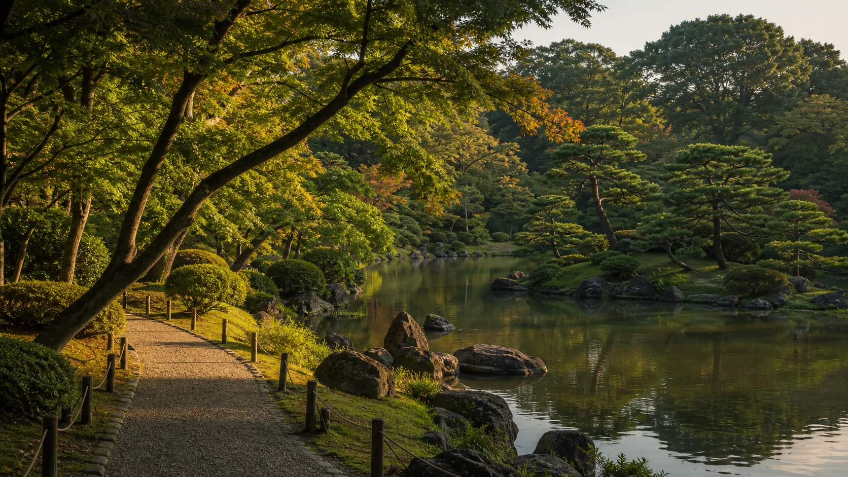 午後の光の中で庭園を歩く場面のイメージ