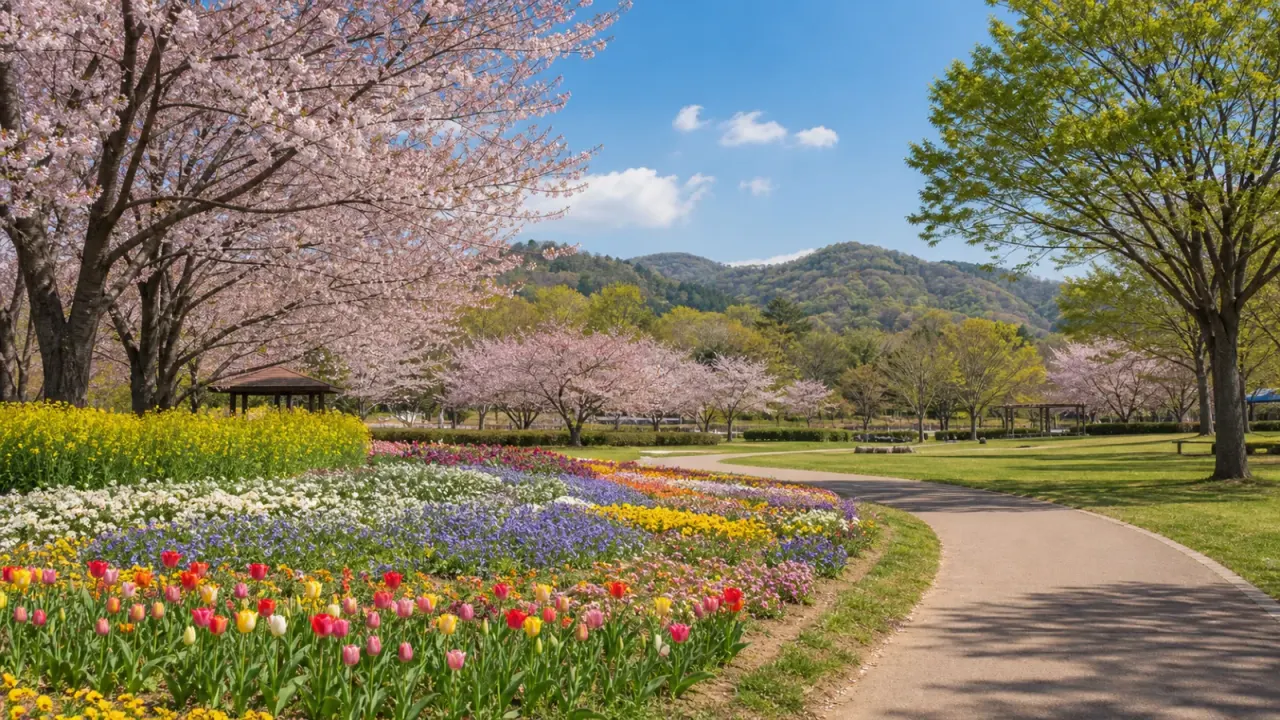埼玉の花散歩を思わせる花畑と川沿い、遠くの山並み