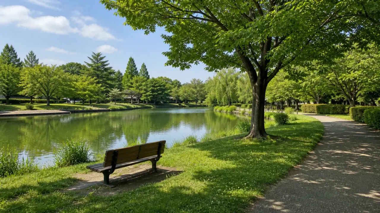 埼玉の静かな公園散歩を思わせる池と木陰、芝生のある園路
