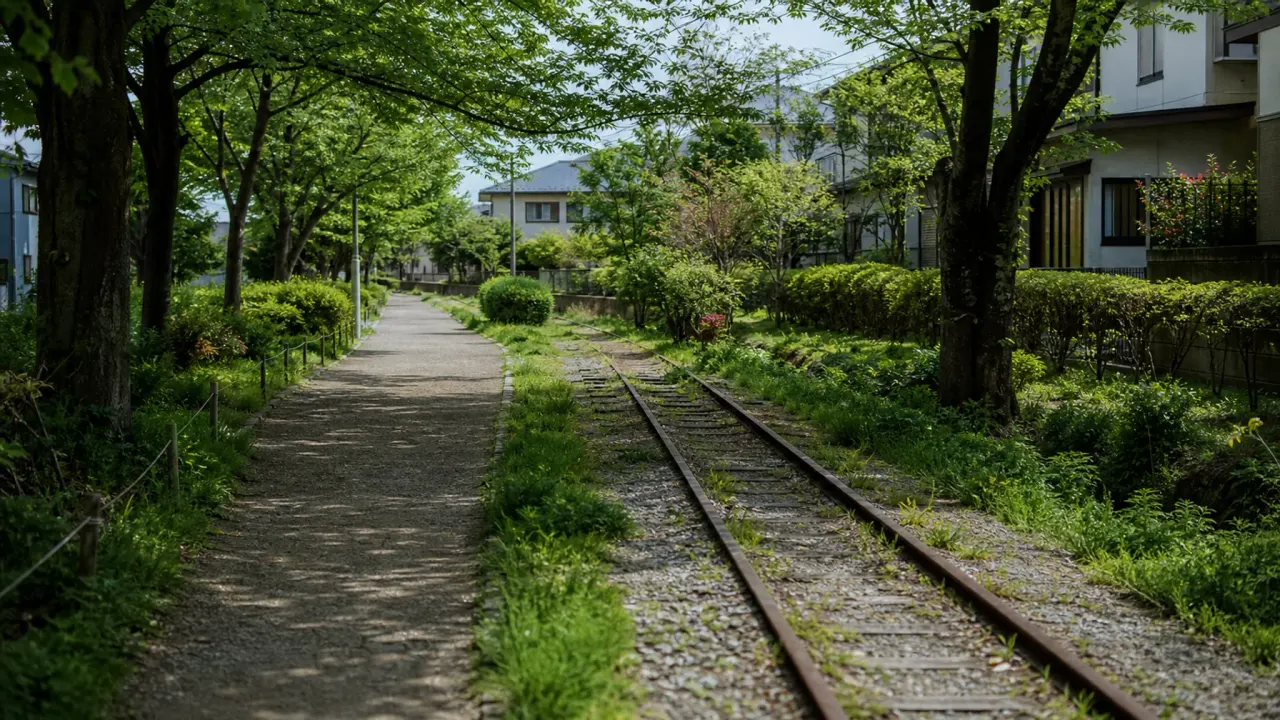 住宅地の緑道に残る短い線路跡と木陰の園路をイメージした、一之宮公園のカバー画像