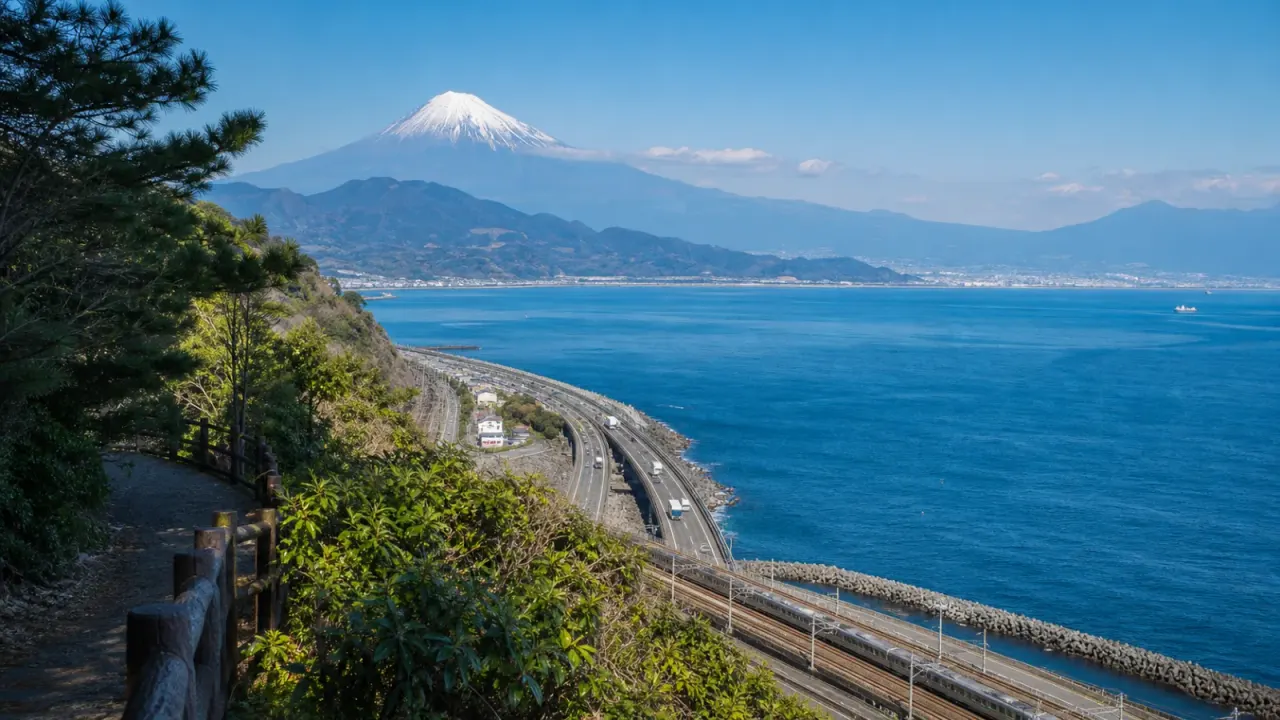 富士山と駿河湾、海沿いを走る道路と鉄道を高台から見下ろす薩埵峠をイメージしたカバー画像