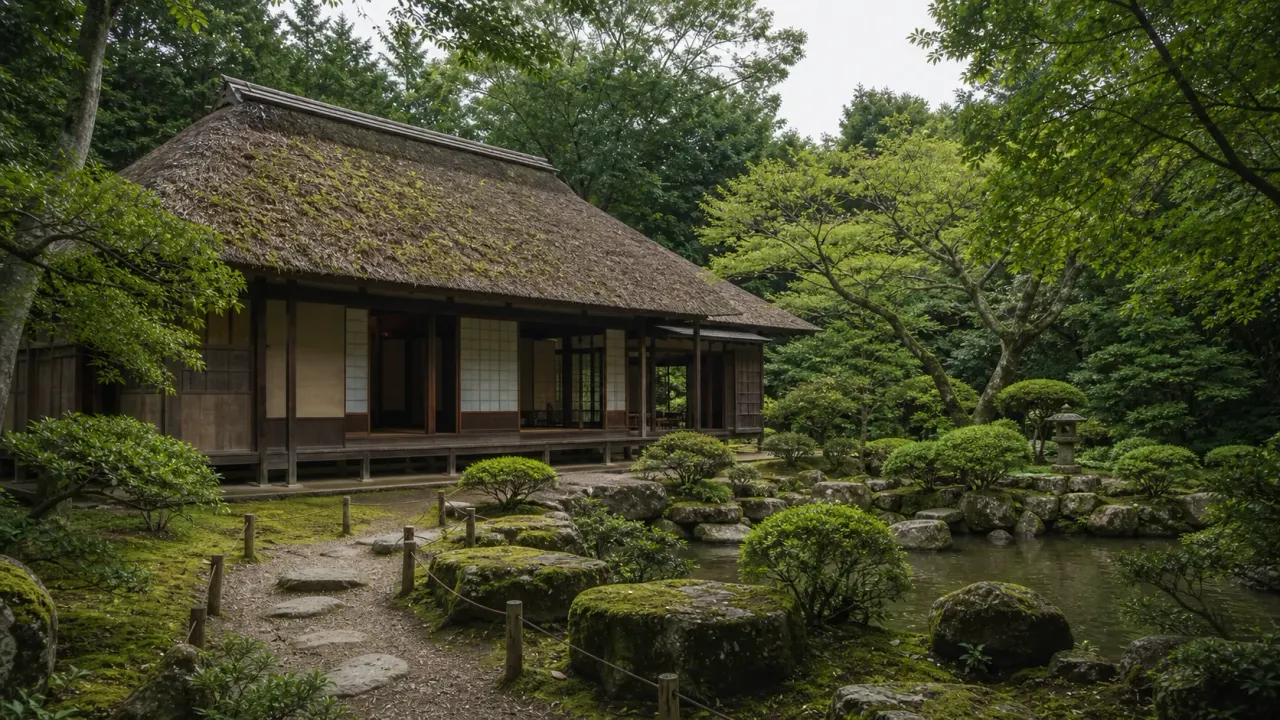 茅葺きの歴史ある建物と庭園の緑を歩く西山御殿の散歩イメージ