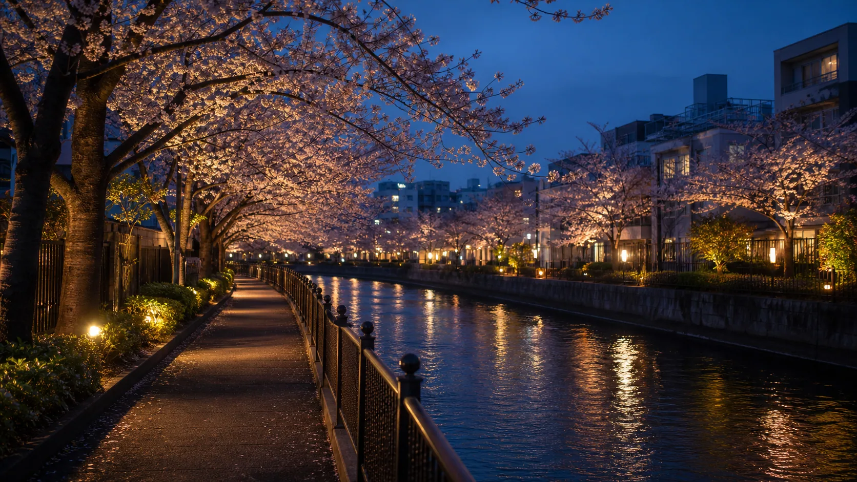 夕暮れの川沿いで桜と水面の灯りを眺める場面のイメージ