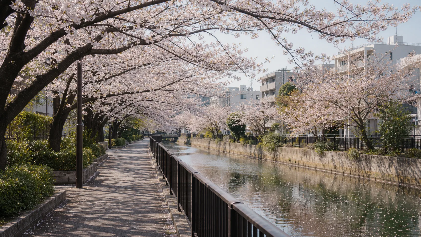 桜が続く川沿い遊歩道のイメージ