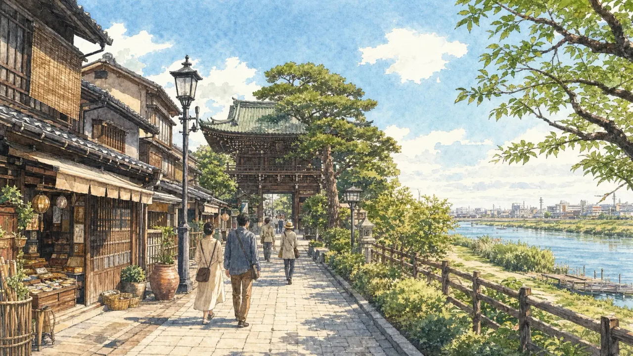 柴又帝釈天の参道から江戸川の水辺へ歩く下町散歩のイラスト