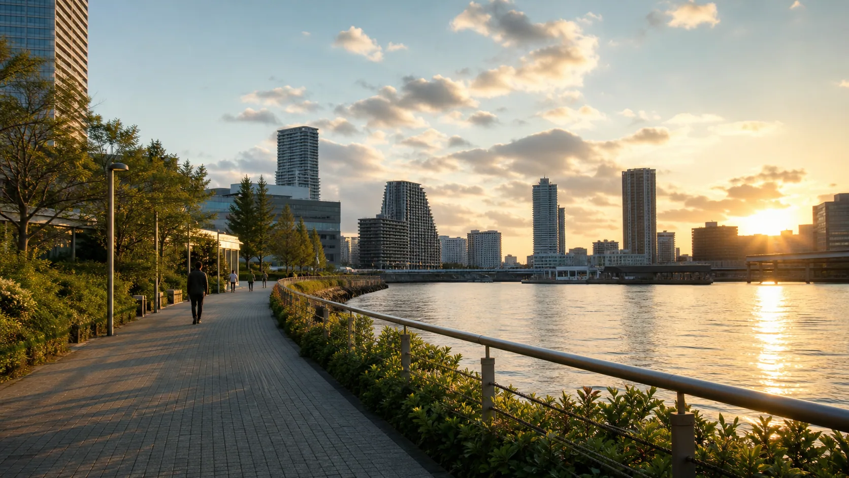 運河沿いの風を感じる夕方の遊歩道のイメージ