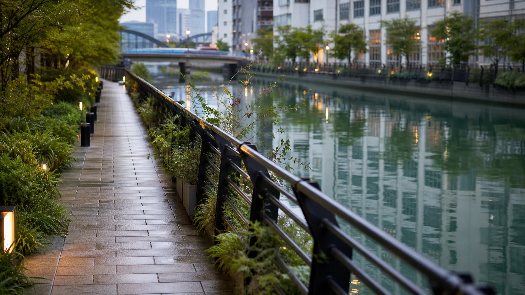 運河沿いの手すりと植栽の近景のイメージ