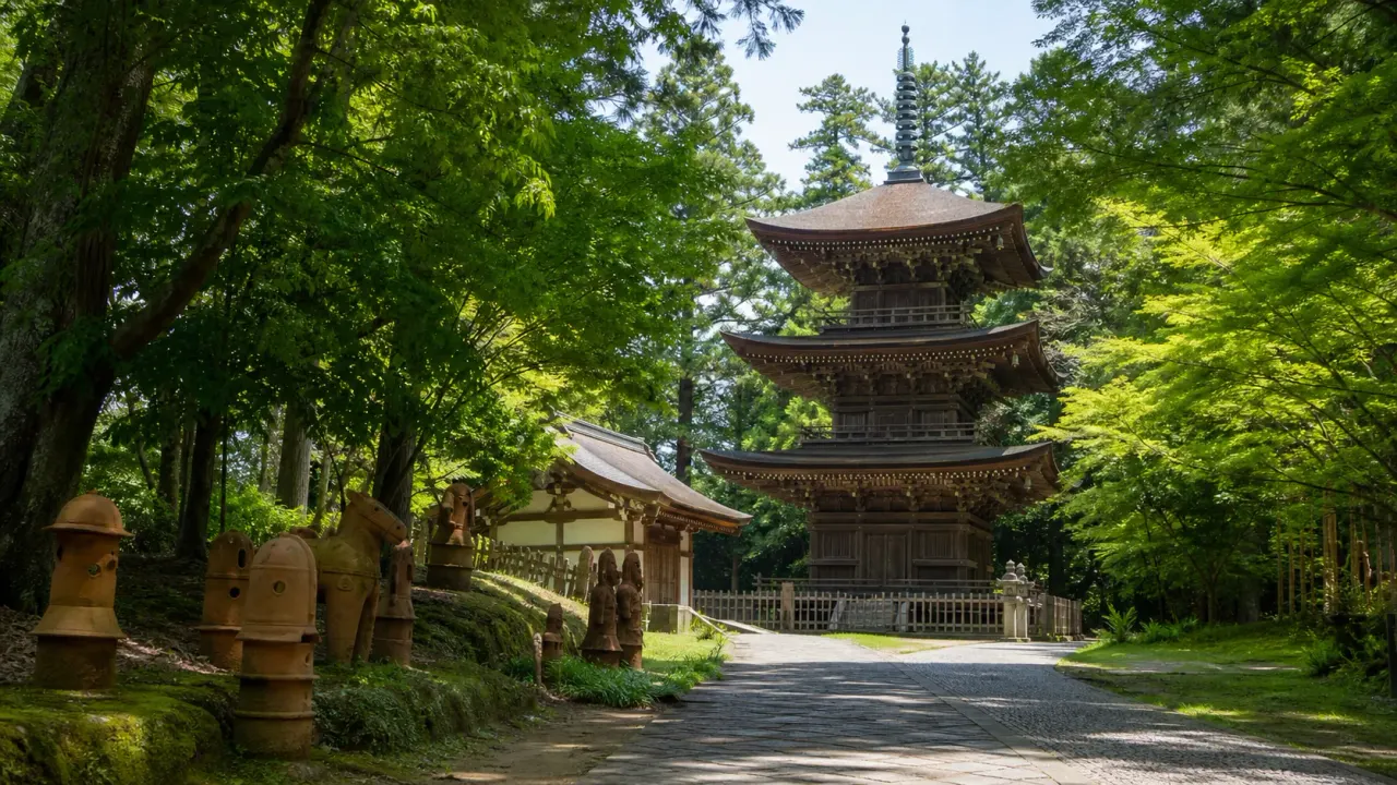 芝山仁王尊の三重塔と、はにわ博物館へ続く緑の道を歩くイメージ