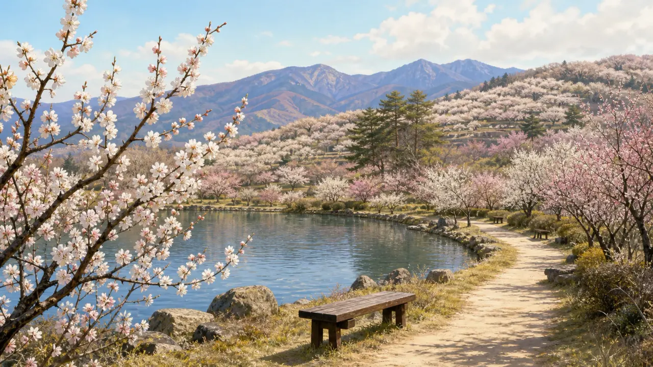 梅の花が咲く矢木羽湖のほとりを歩く早春の散歩道のイラスト