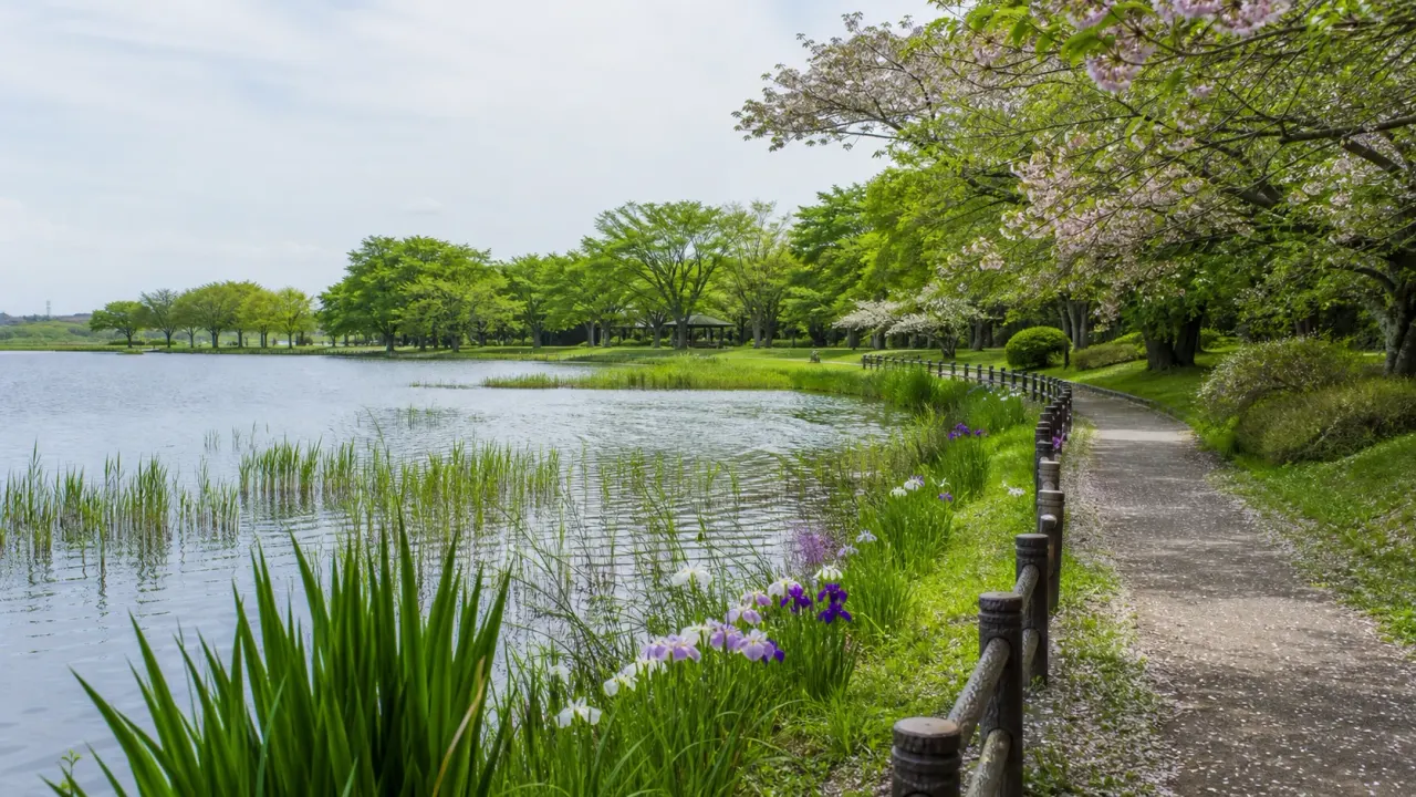 下妻市の砂沼広域公園を思わせる広い水辺と遊歩道、花と木陰が続く公園散歩イメージ