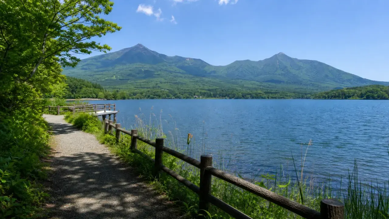 野尻湖の青い湖面と黒姫山、湖畔の木道を思わせる高原の水辺さんぽのイメージ