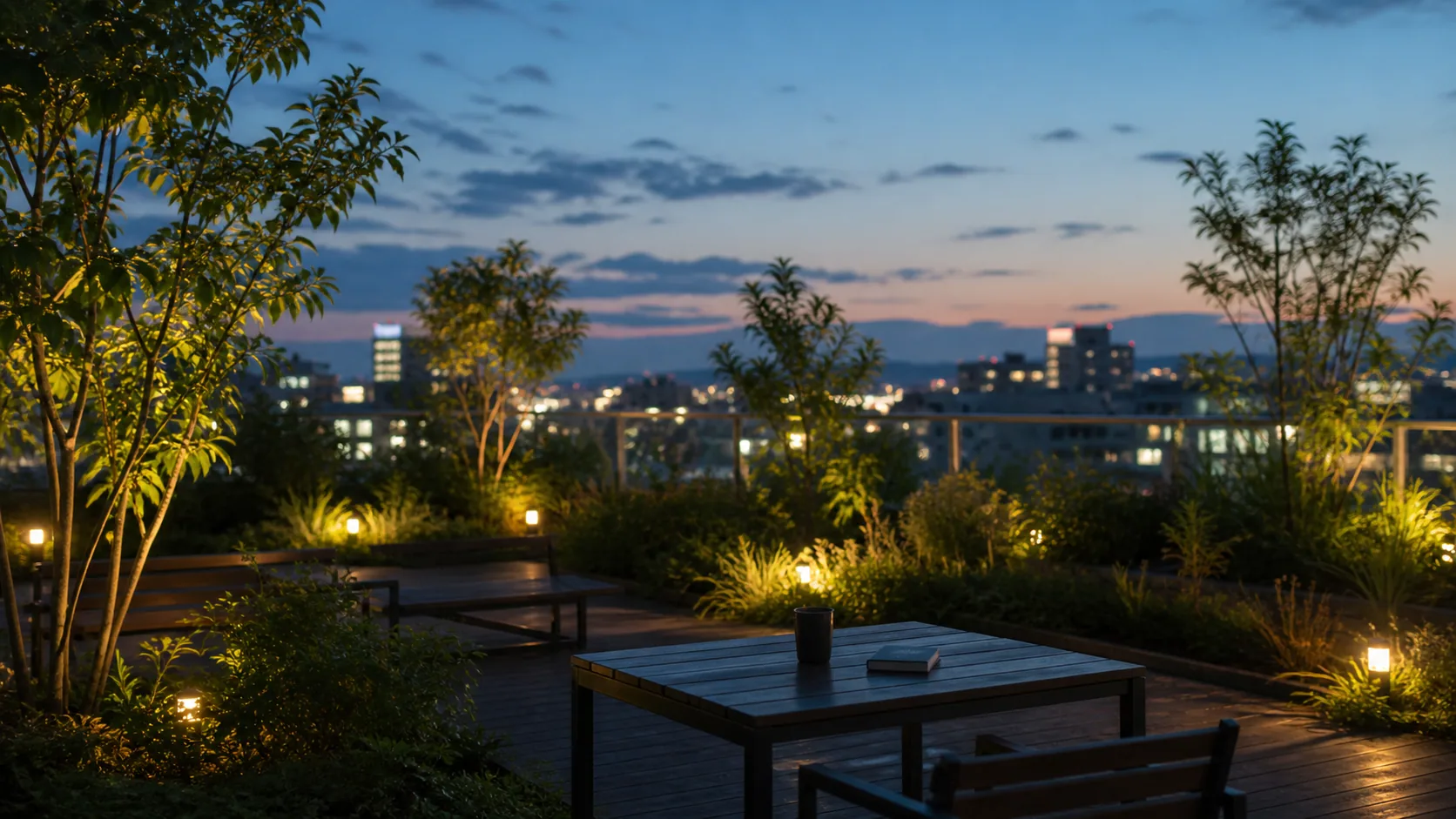 夕方の屋上庭園で静かに休む場面のイメージ