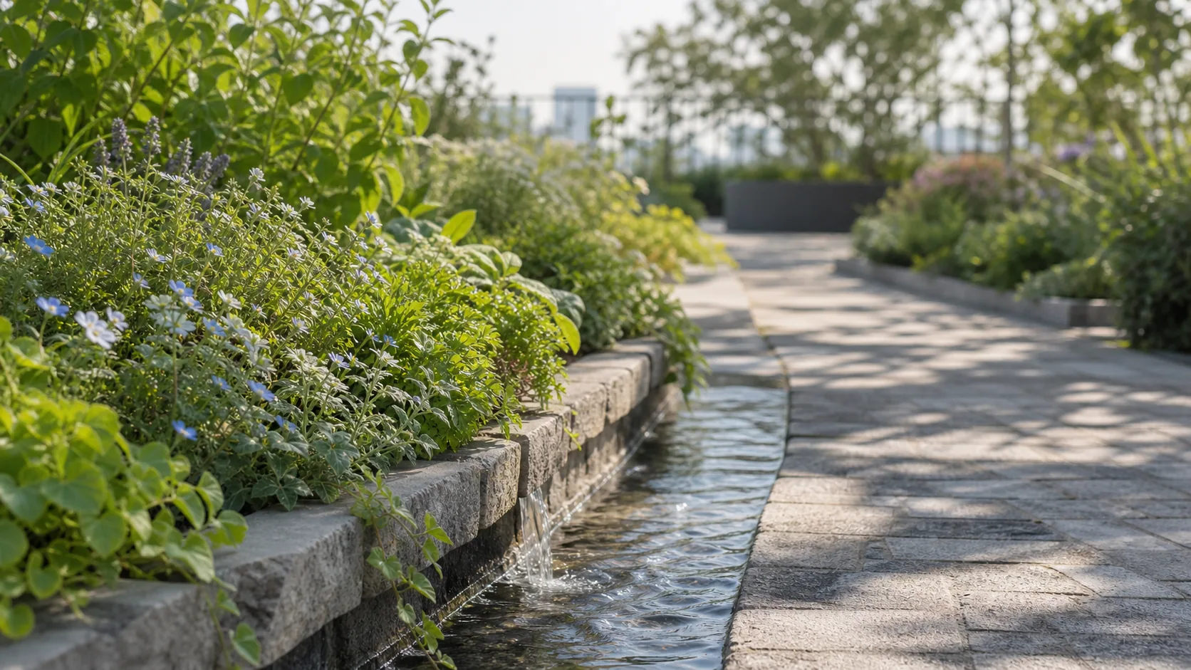 植栽と水辺に沿って続く通路の近景のイメージ