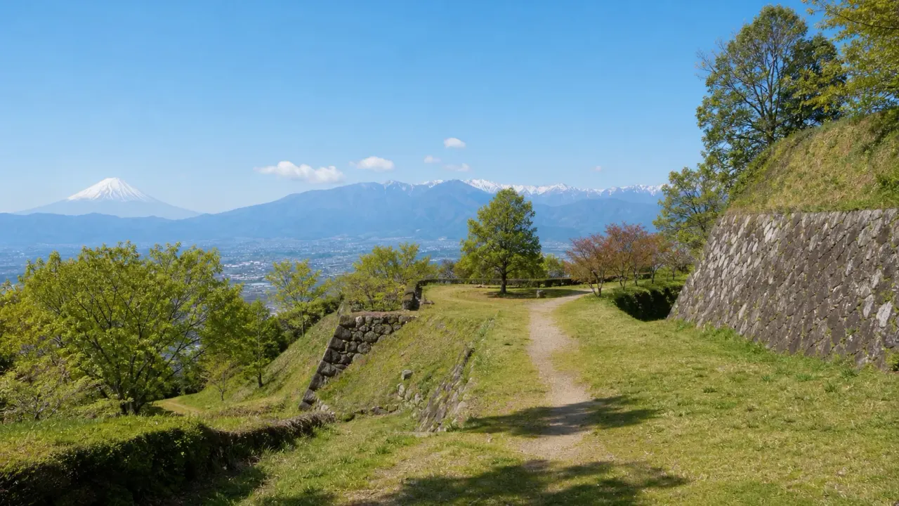 七里岩の台地に残る新府城跡の土塁と山並みを眺めるカバー画像