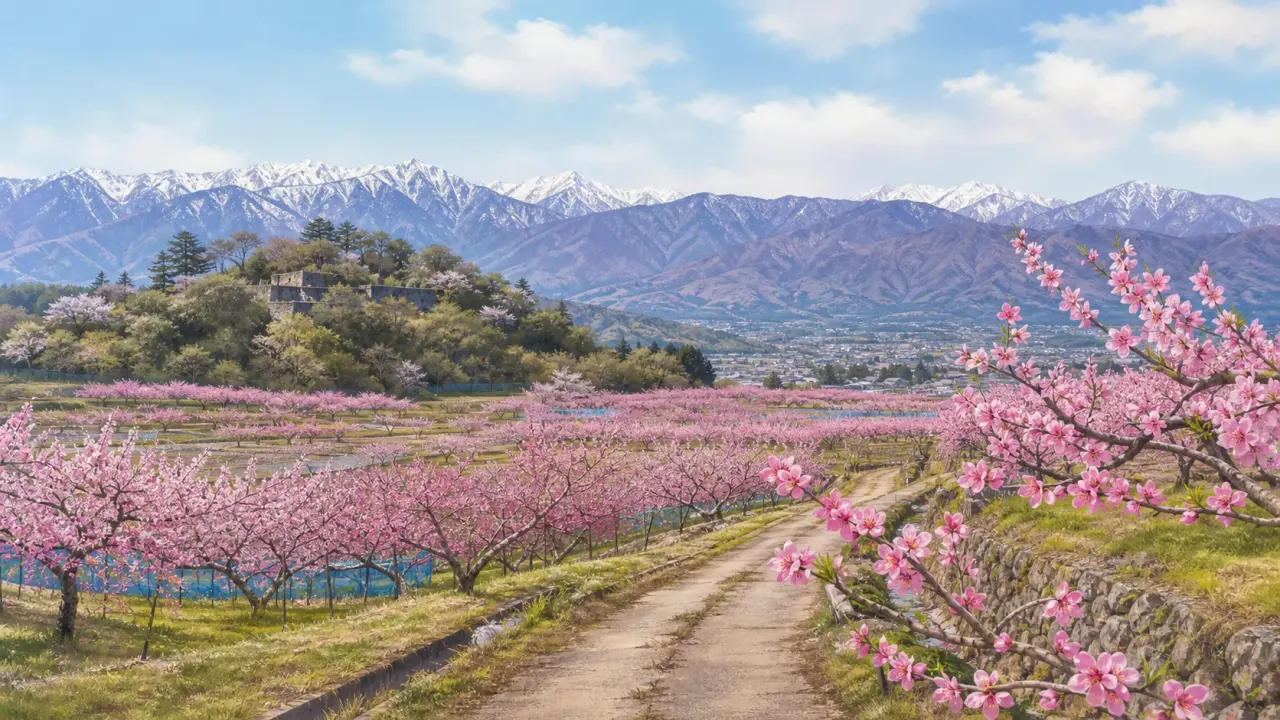 桃の花が広がる農村の道と南アルプスを眺める新府桃源郷のイラスト