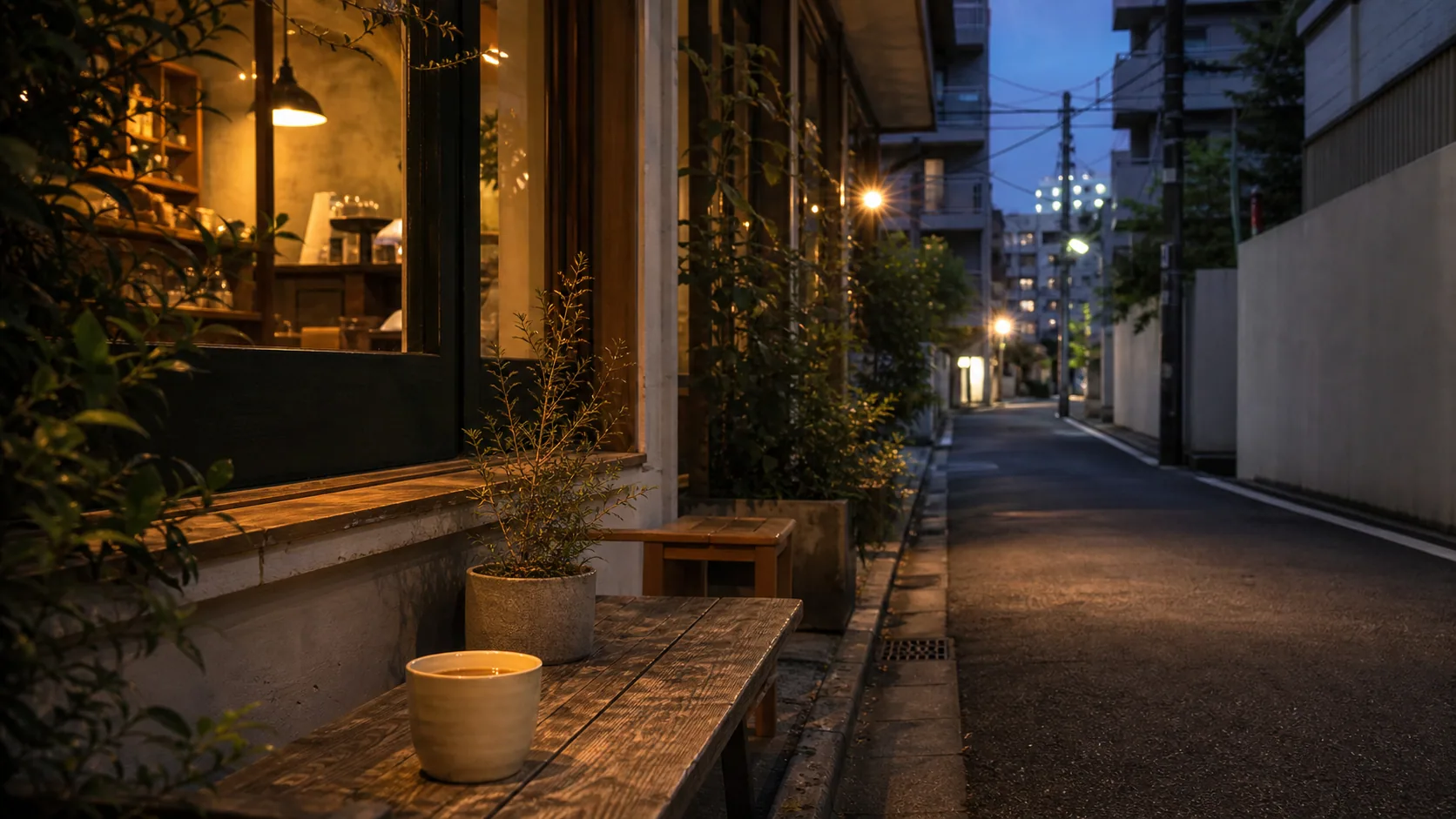 夕方の奥渋谷でカフェの灯りを眺める路地のイメージ