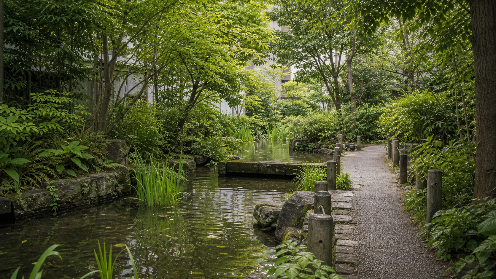 小さな公園の水辺と植栽の近景のイメージ