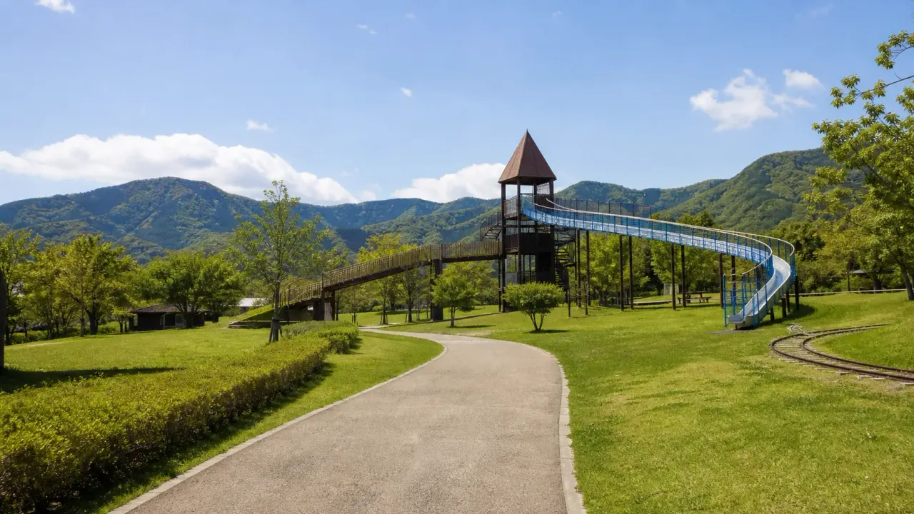 榛東村のしんとうふるさと公園にある歩道橋とローラーすべり台、山並みをイメージしたカバー画像
