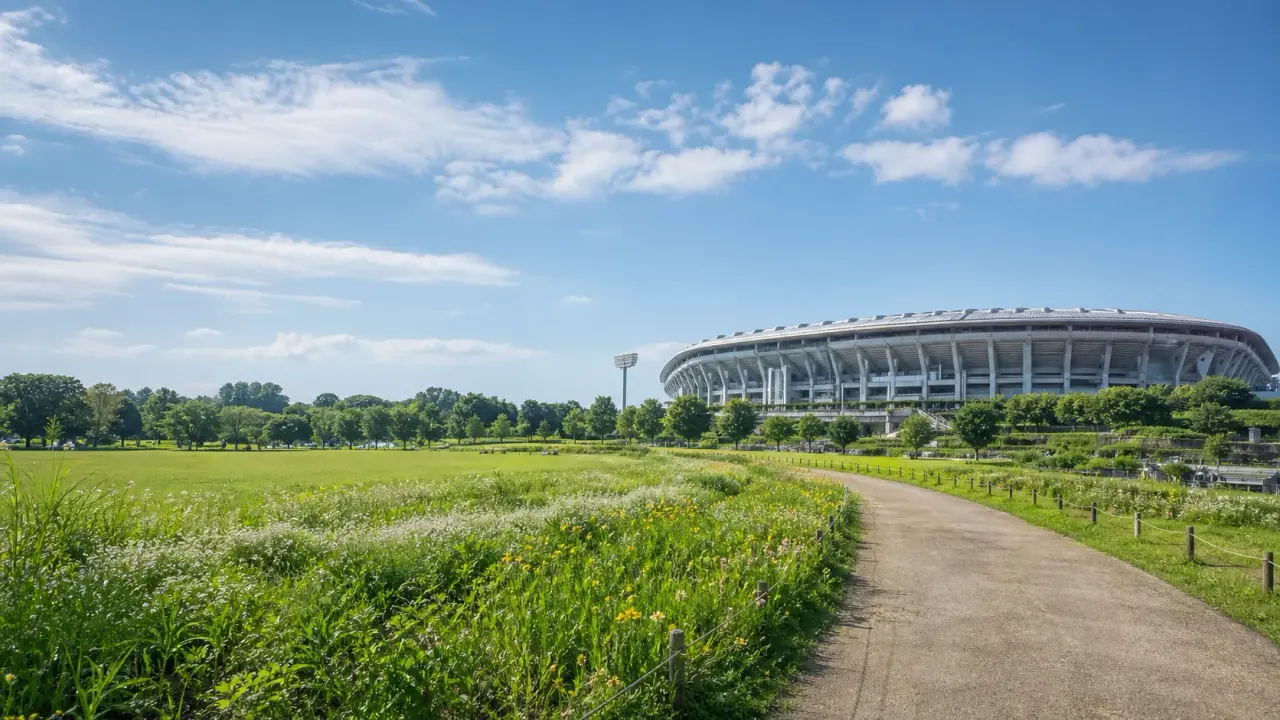 横浜市港北区の新横浜公園で、日産スタジアム、草地広場、鶴見川沿いの開放感を味わう散歩を紹介。イベント日を外して半日未満で整える歩き方をまとめます。