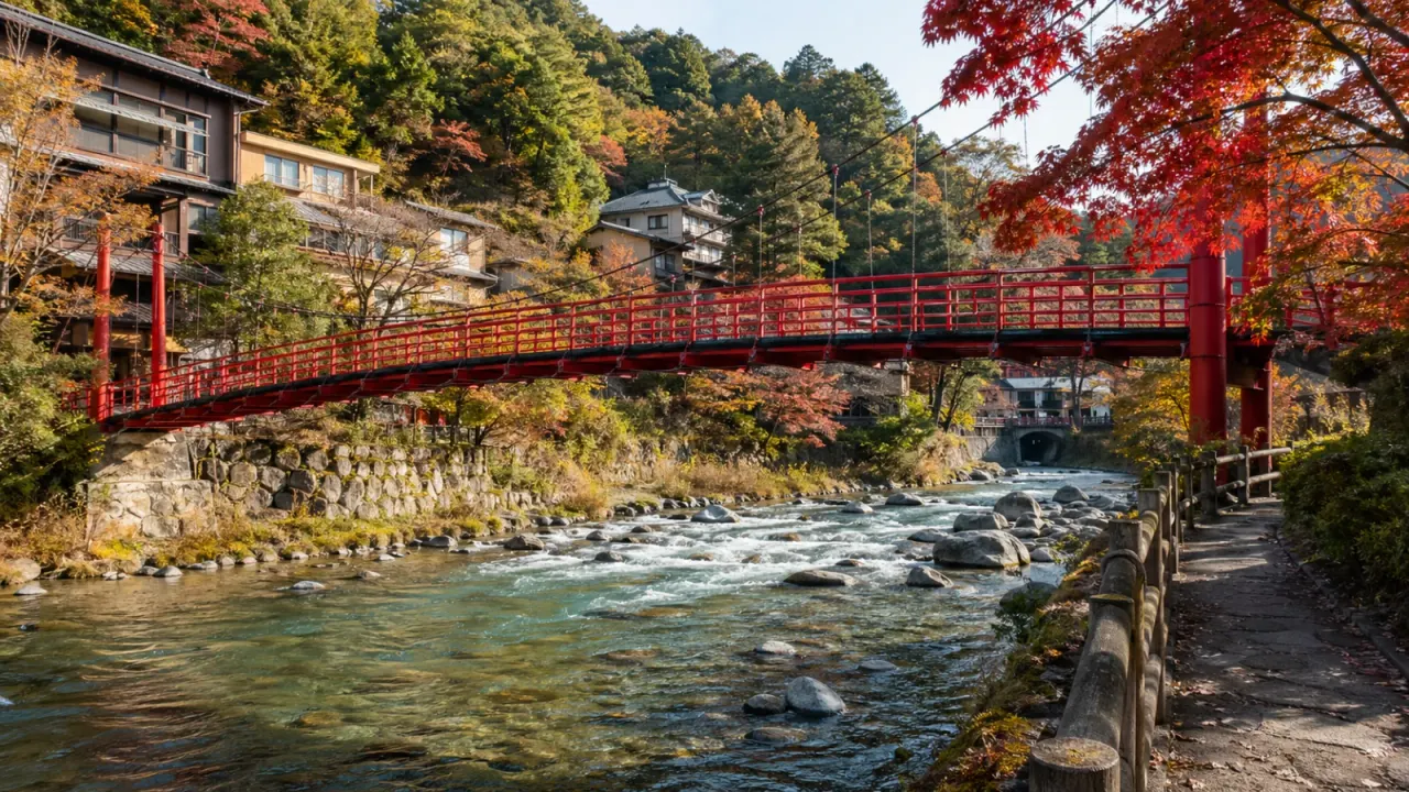 【塩原温泉】紅の吊橋と箒川を歩く、温泉街の水辺さんぽ