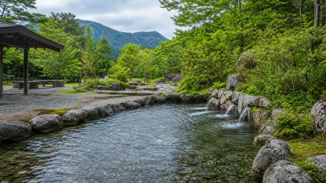 塩谷町の尚仁沢名水パークを思わせる澄んだ水路と緑の広場を歩くカバー画像