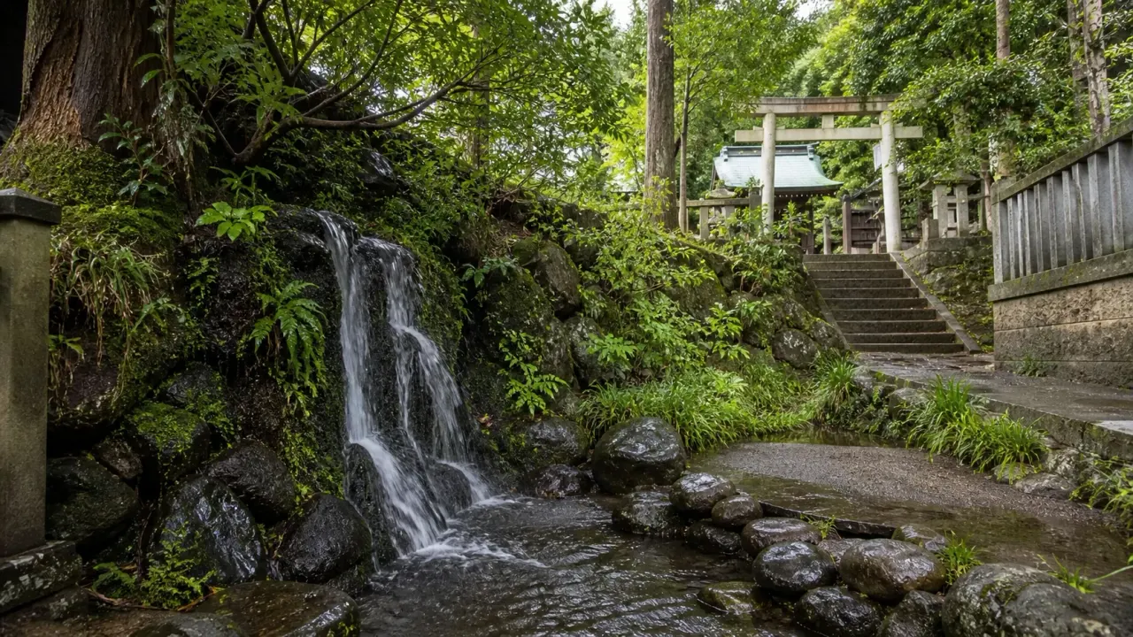 住宅地の奥にある白根不動の境内と小さな白糸の滝をイメージした、旭区白根のカバー画像