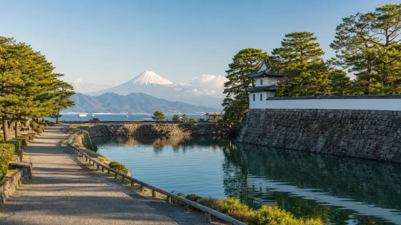 駿府城公園の堀、三保松原の松林、日本平からの富士山を重ねた静岡市散歩のカバー画像