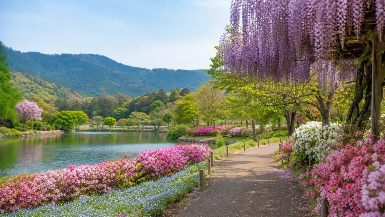 湖畔の遊歩道に藤や春の花が咲く静岡の花公園散歩をイメージしたカバー画像