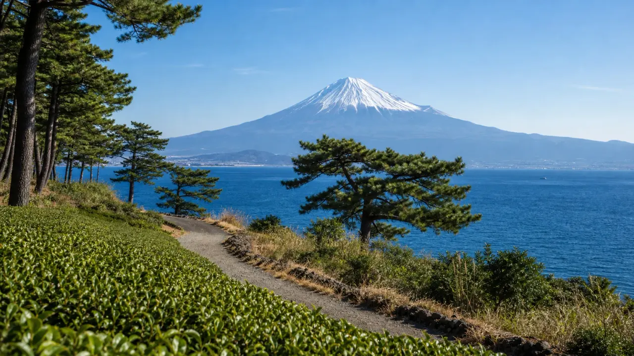 駿河湾と松林越しに富士山を眺める静岡の散歩風景をイメージしたカバー画像