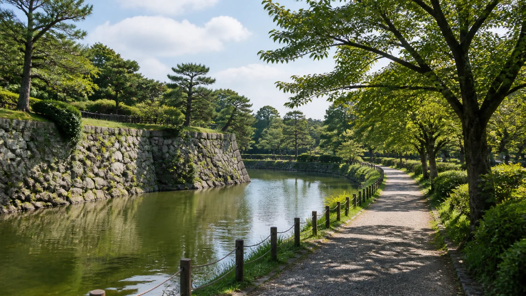 堀と石垣、緑の園路が続く歴史散歩の補助画像