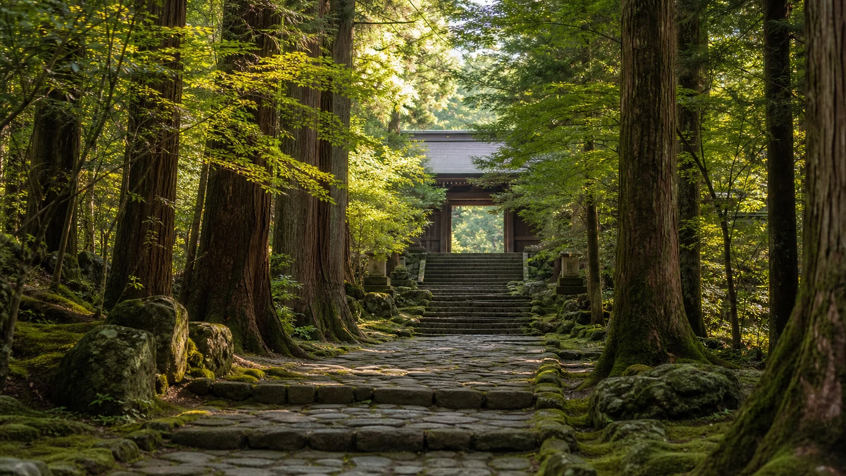 木立の参道と石段が奥へ続く寺社散歩の補助画像