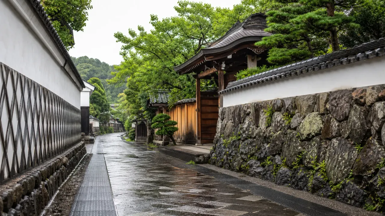 なまこ壁の路地と石垣、木造門のある静岡の歴史散歩をイメージしたカバー画像