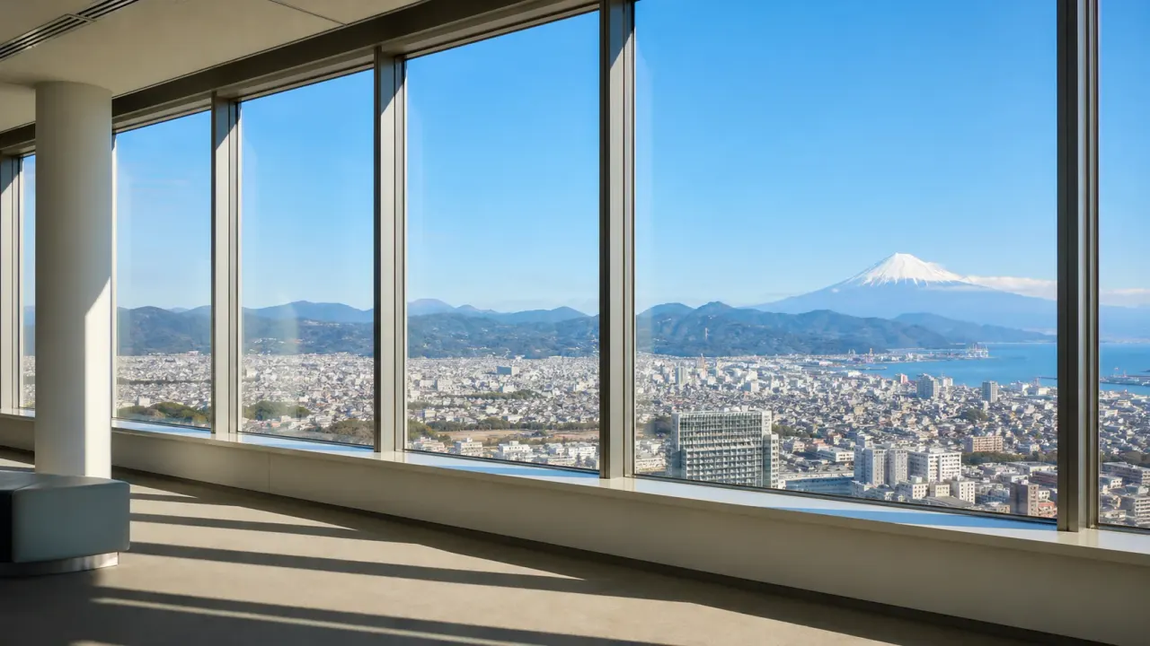 静岡の街並みと駿河湾、遠くの富士山を大きな窓越しに見渡す展望ロビーのカバー画像
