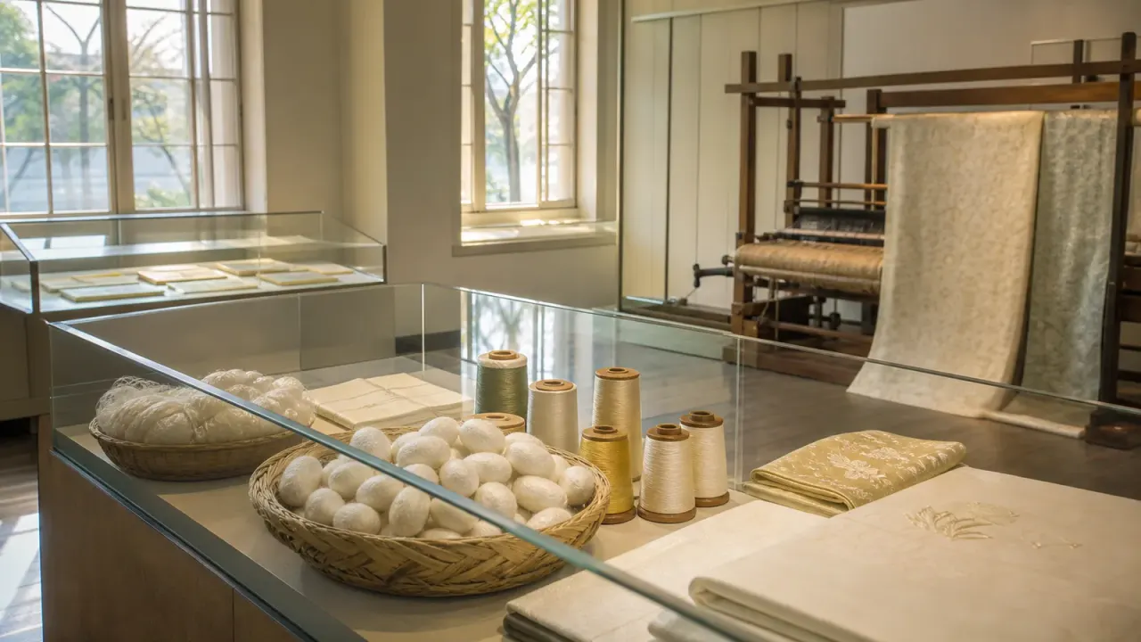 横浜のシルク博物館をイメージした繭と絹織物の展示室