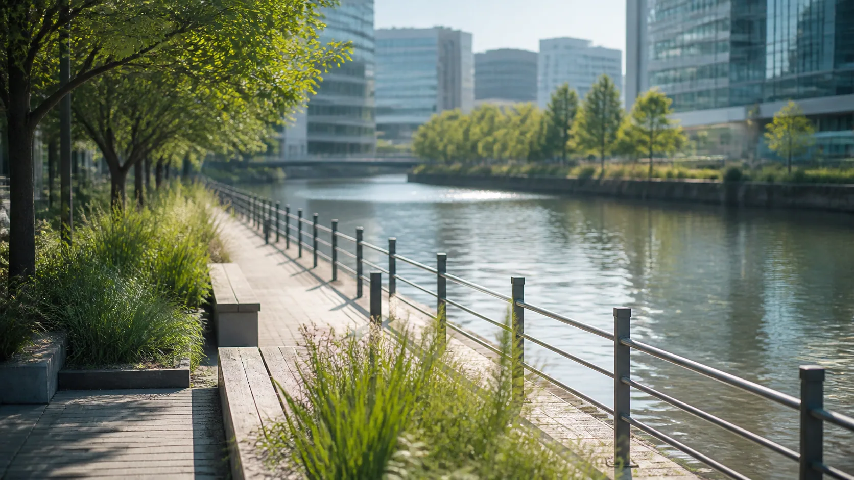 運河沿いの植栽と水面の近景のイメージ