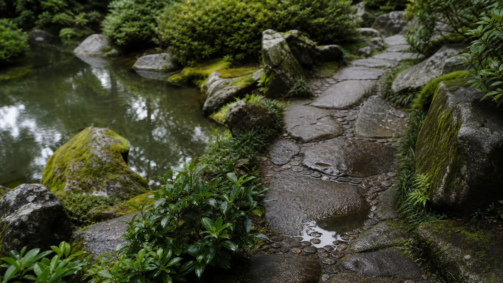 庭園の水辺と石畳の小径のイメージ