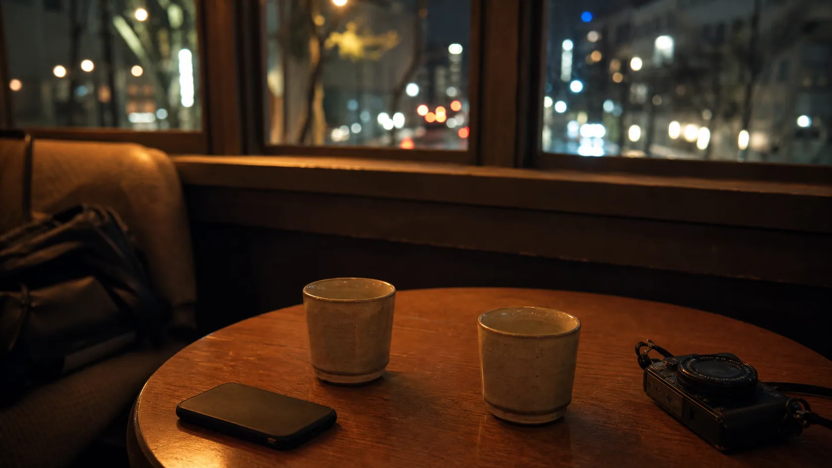 夜散歩のあとにカフェで休む場面のイメージ