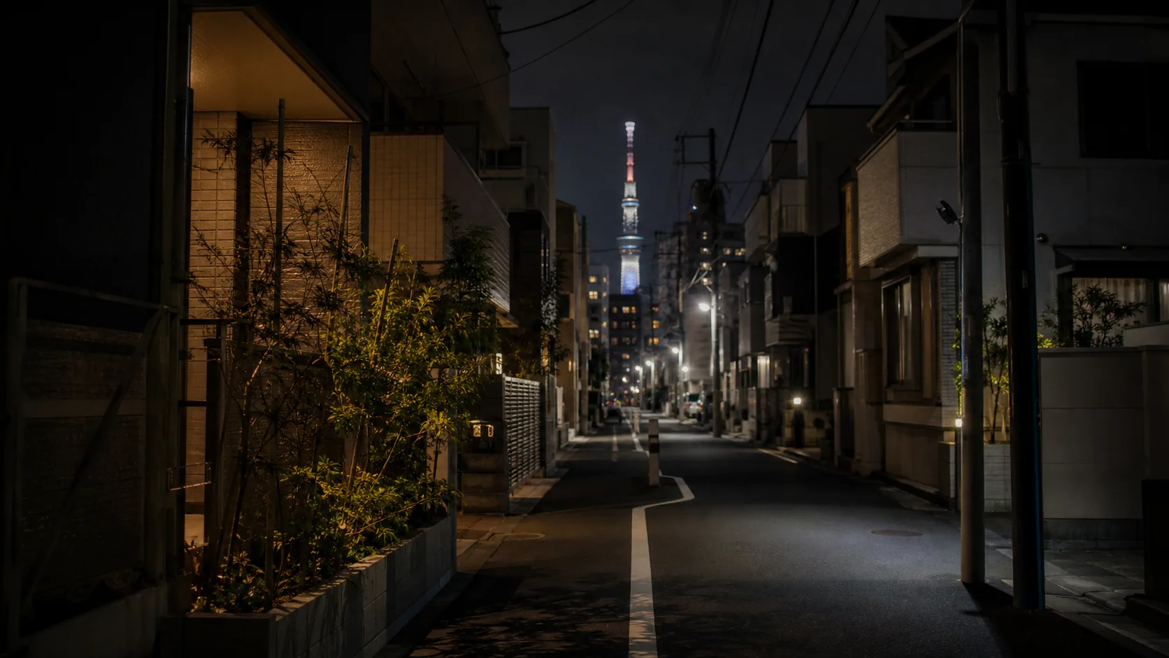 夜の押上周辺を歩く静かな路地のイメージ