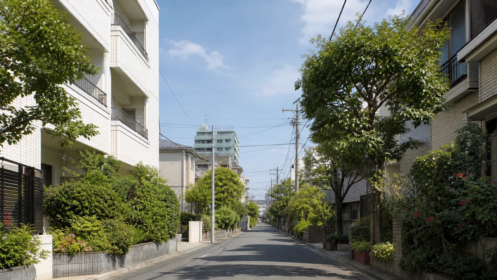 緑のある静かな住宅街を歩く空気感のイメージ