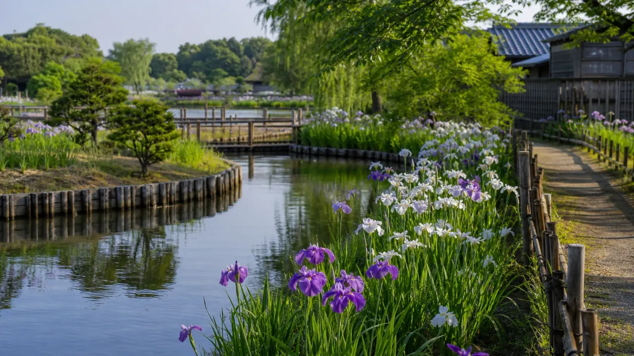 花菖蒲が咲く水路沿いの園路と木橋