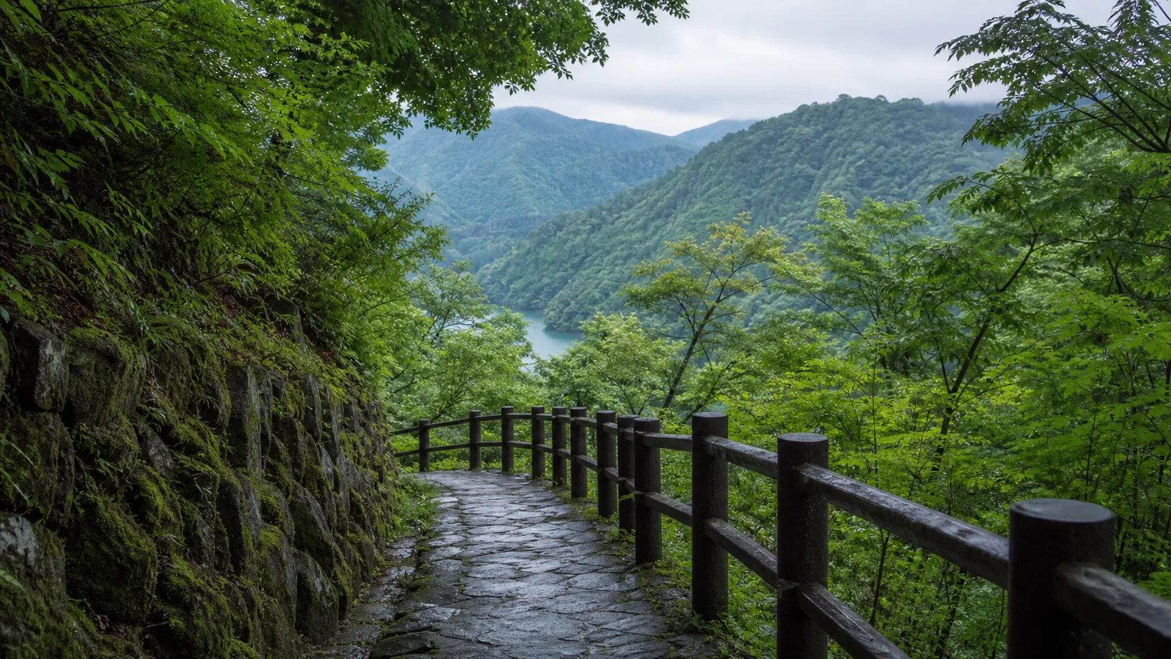 森の遊歩道から青い渓谷を望むイメージ