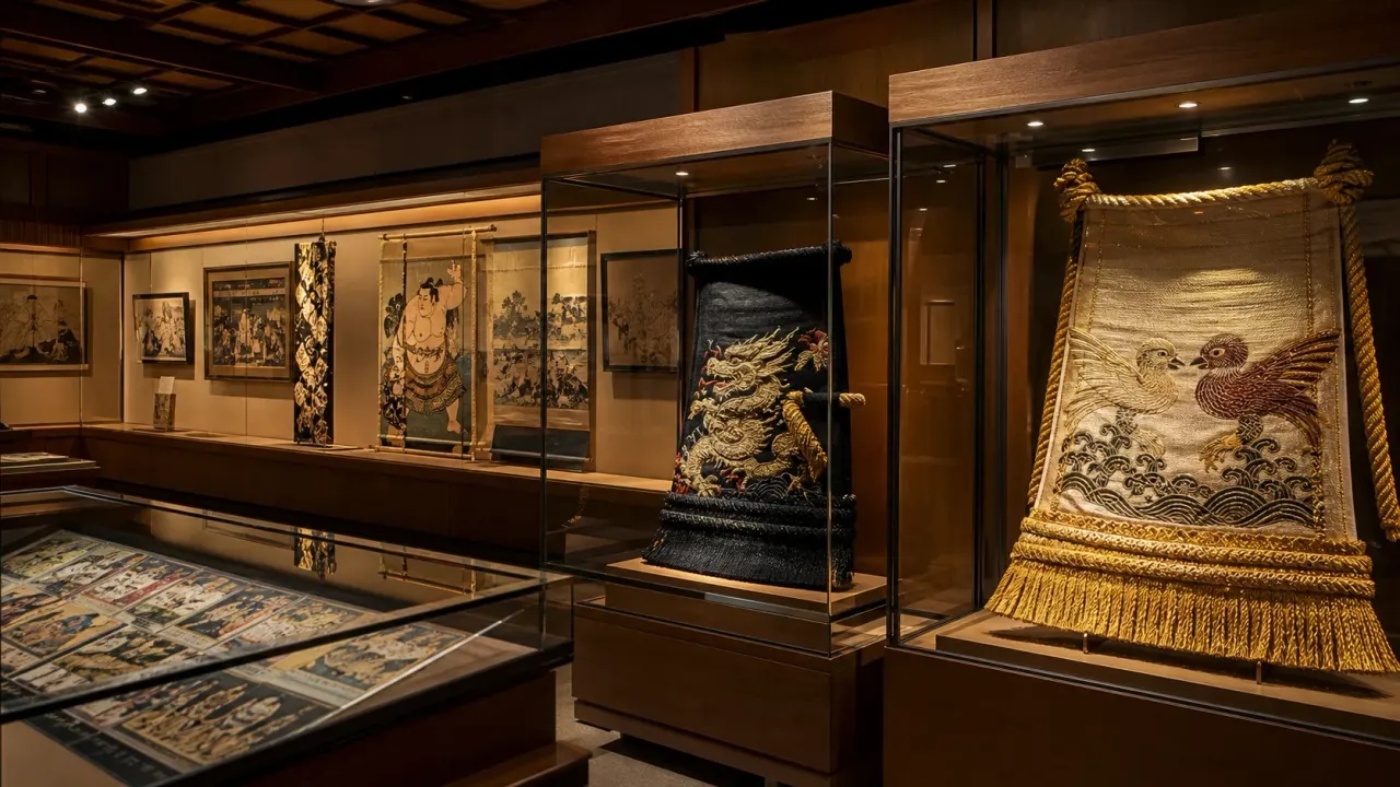 相撲博物館をイメージした、番付や化粧廻しが並ぶ国技館内展示室のカバー画像
