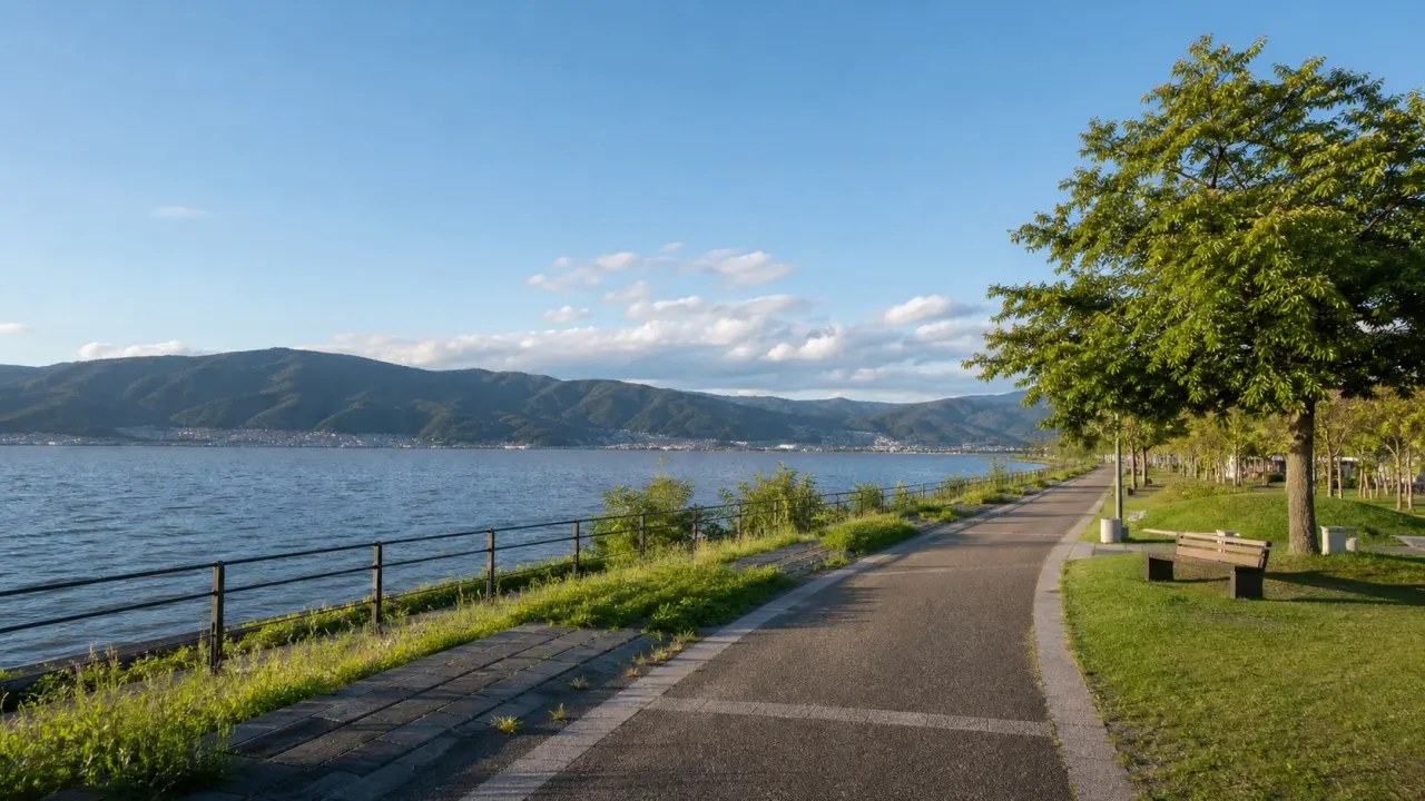 諏訪湖畔の遊歩道と湖、山並みを夕方の光で描いたカバー画像