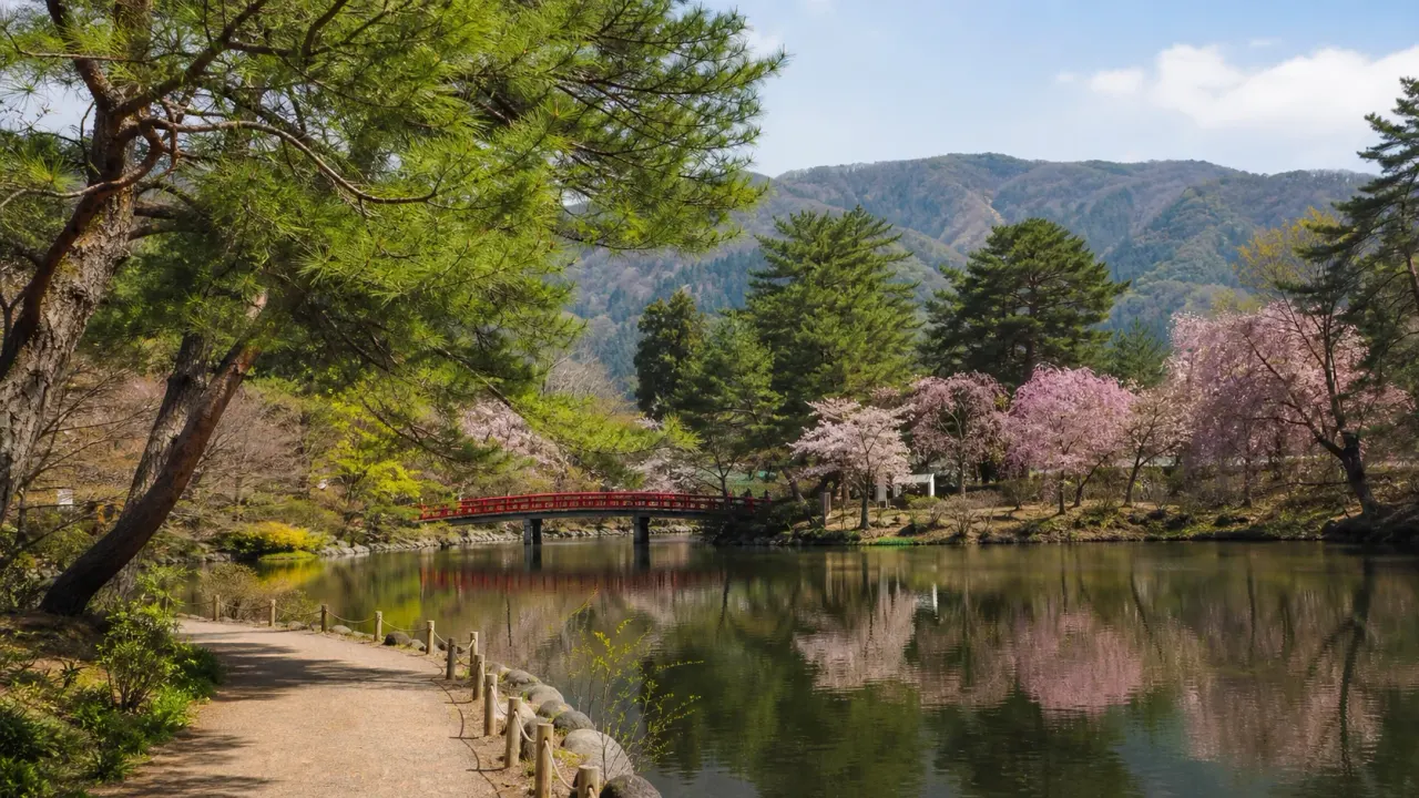 須坂の臥竜公園を思わせる、竜ヶ池と赤い橋、松林と山並みを描いた池畔散歩のイメージ画像