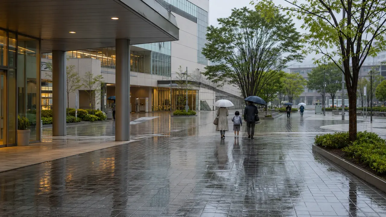 雨の立川で屋根のある公共施設と濡れた広場を眺める、子連れ雨の日散歩をイメージしたカバー画像
