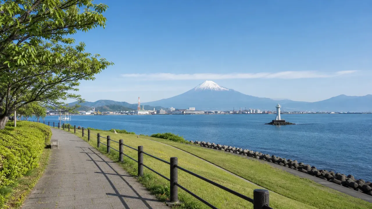 富士市のふじのくに田子の浦みなと公園を歩く散歩ガイド。富士山ドラゴンタワー、港の見える丘、芝生広場、駐車場時間をまとめます。